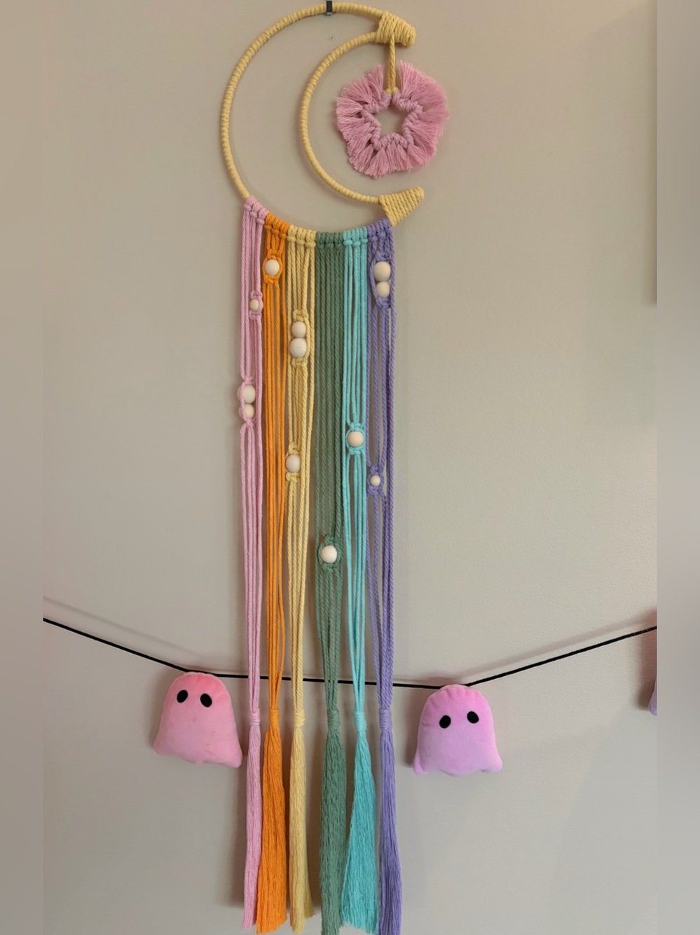 Handmade Rainbow Pastel Macramé Moon and Star Wall Decor